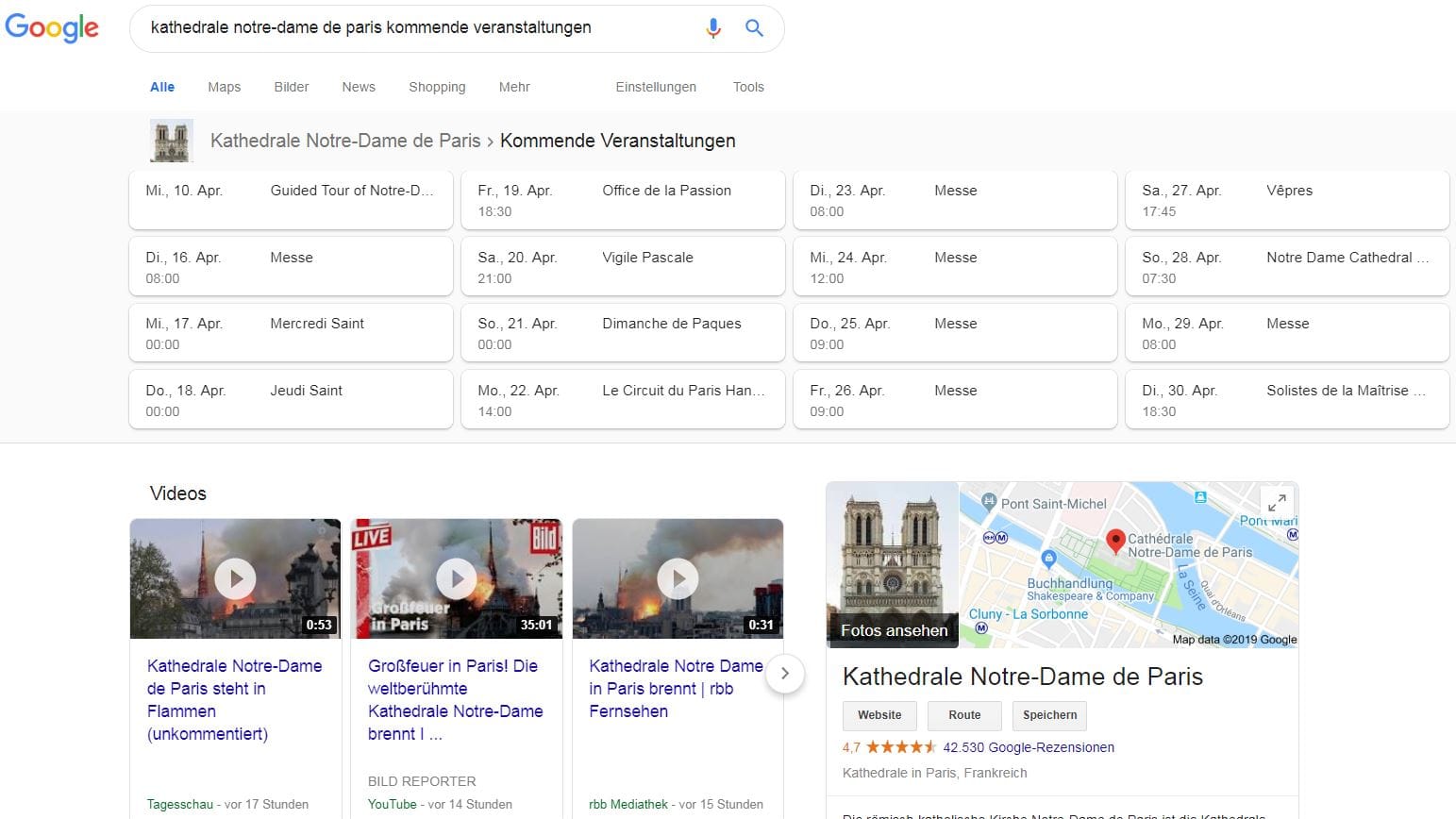 Google-Screenshot: Die Suche des US-Konzerns hält die Kathedrale am Tag nach dem Brand für geöffnet.