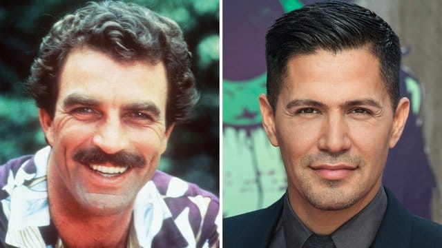 Tom Selleck (l) als Thomas Magnum 1984 und Schauspieler Jay Hernandez 2016 in der gleichen Rolle.