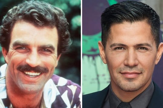 Tom Selleck (l) als Thomas Magnum 1984 und Schauspieler Jay Hernandez 2016 in der gleichen Rolle.