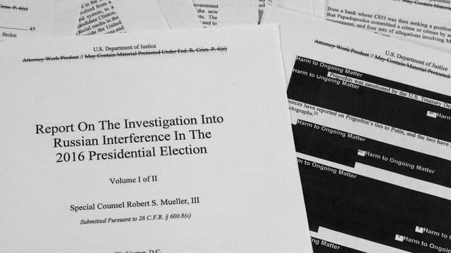 Der bearbeitete Mueller-Bericht: Der Rechtsbeistand des US-Präsidenten hat nach Darstellung des Justizministeriums vorab Einsicht gehabt. Der bearbeitete Mueller-Bericht: Der Rechtsbeistand des US-Präsidenten hat nach Darstellung des Justizministeriums vorab Einsicht gehabt.