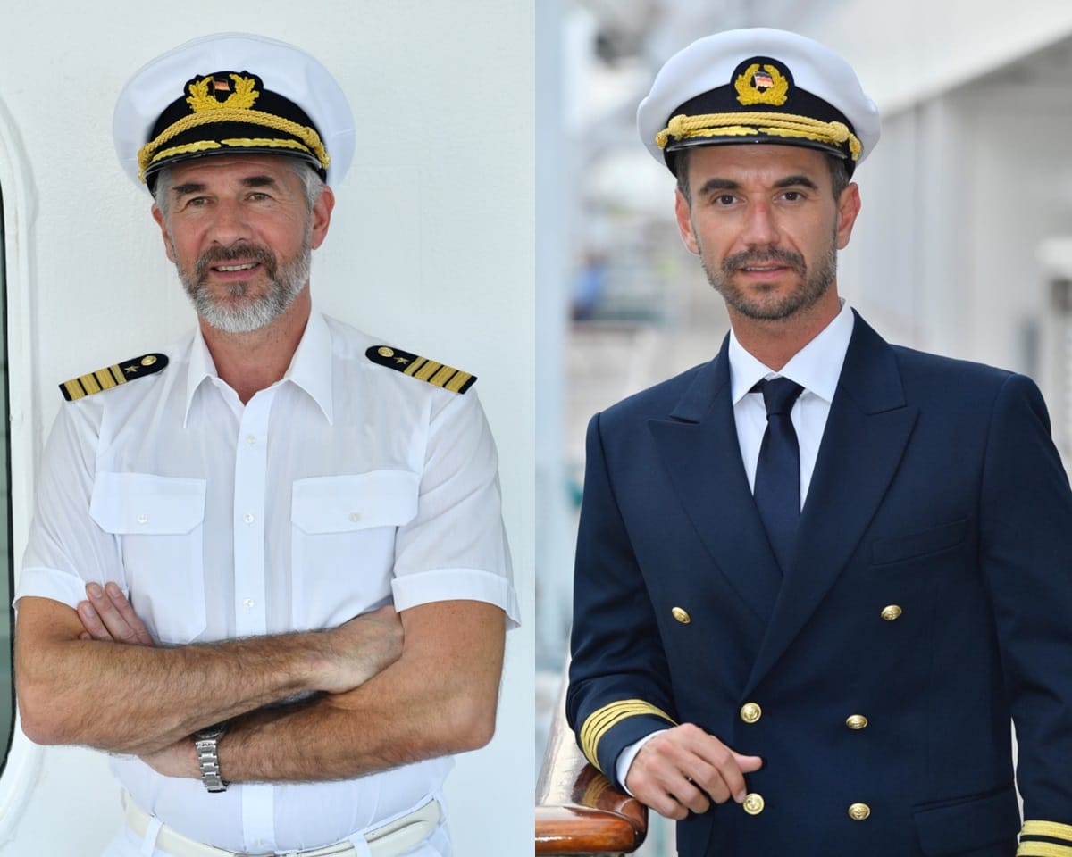 Die "Traumschiff"-Doppelsitze: Offizier Martin Grimm (Daniel Morgenroth) und Kapitän Max Parger (Florian Silbereisen).
