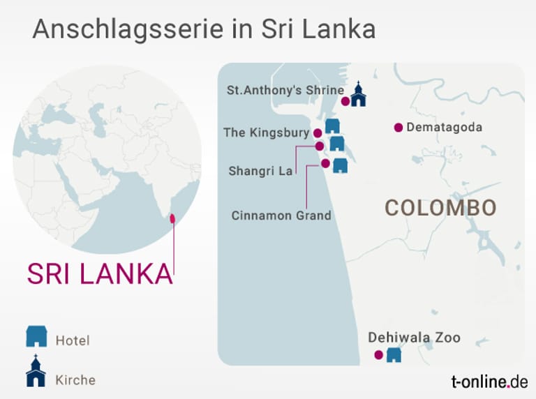 Neben den Anschlägen auf eine Kirche und drei Luxushotels in Colombo (siehe Karte) wurde auch je eine Kirche in Batticaloa im Osten des Landes sowie in Negombo nördlich der Hauptstadt zum Ziel.