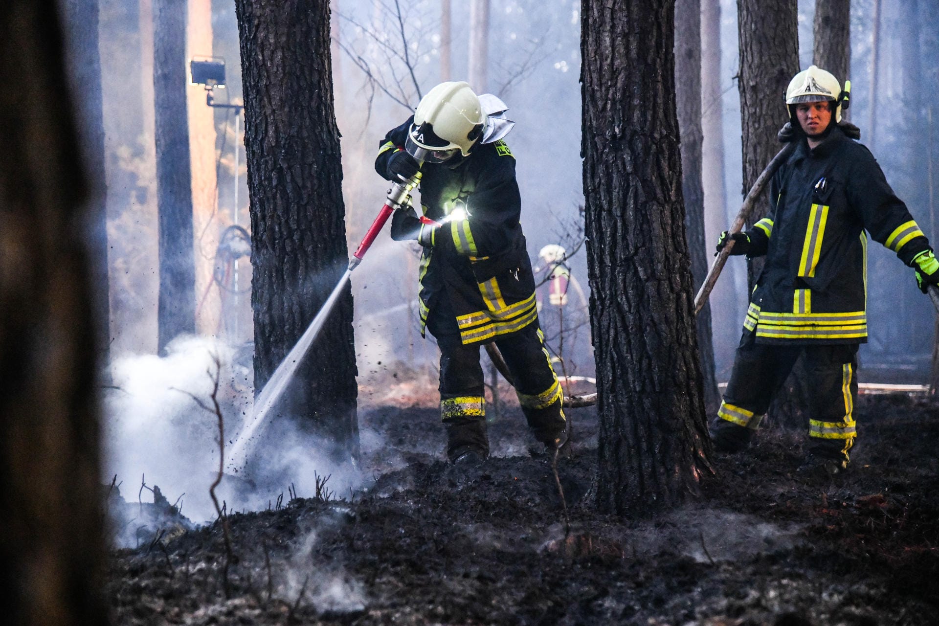 Nassenheide: Feuerwehrleute löschen einen Waldbrand im nördlichen Brandenburg.