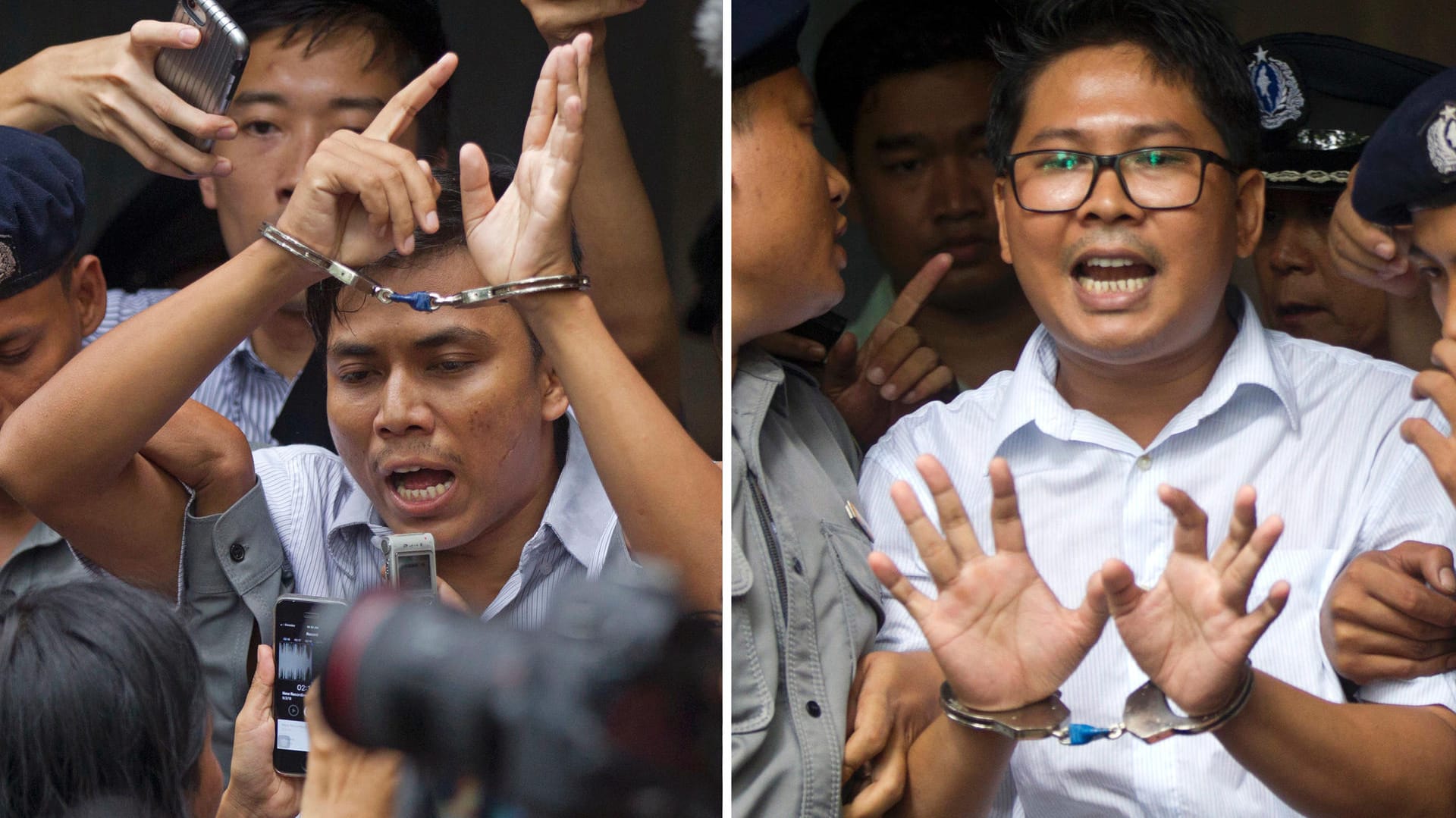 Kyaw Soe Oo (l.) und Wa Lone: Die siebenjährige Haftstrafe gegen die beiden Reuters-Reporter bleibt bestehen. Kyaw Soe Oo (l.) und Wa Lone: Die siebenjährige Haftstrafe gegen die beiden Reuters-Reporter bleibt bestehen.