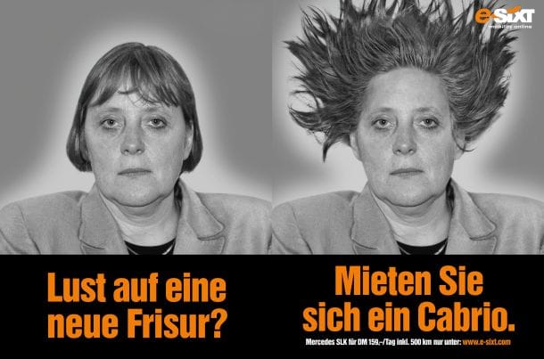 Neue Frisur: Sixt-Motiv mit Angela Merkel aus dem Jahr 2001.