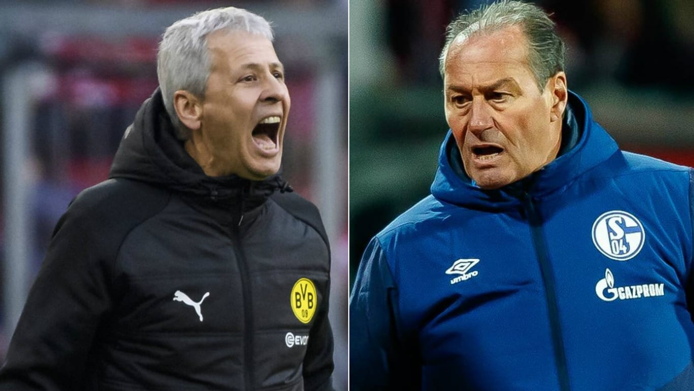 Duell: BVB-Trainer Favre (li.) und Schalke-Coach Stevens.