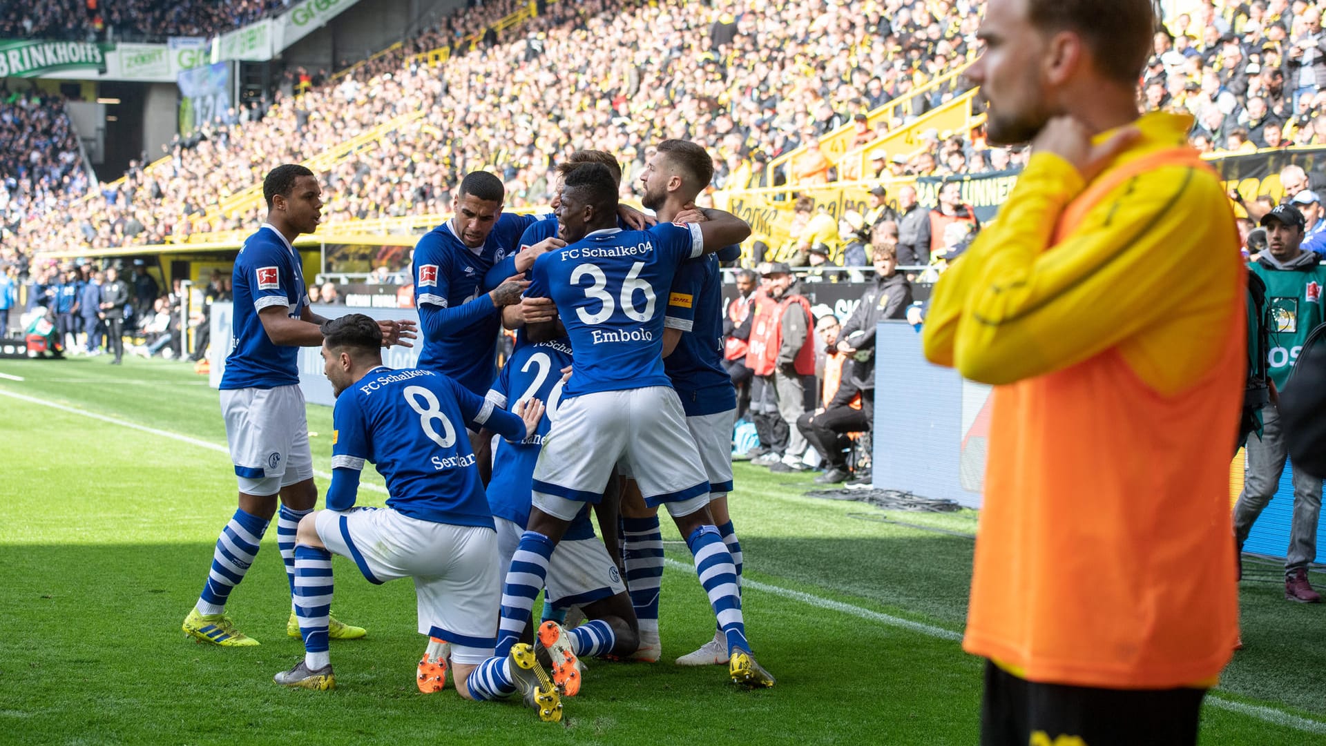 Unterschiedliche Gefühlswelten: Während die Schalker auf dem Rasen feiern, ist BVB-Auswechselspieler Marcel Schmelzer (r.) bedient.