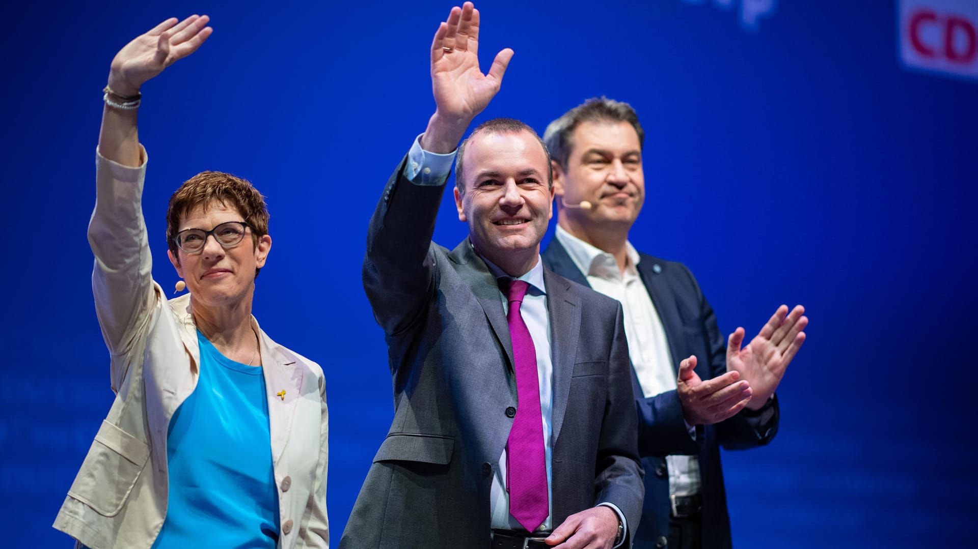 Auftakt zum Europa-Wahlkampf in Münster: CDU-Chefin Annegret Kramp-Karrenbauer, EVP-Spitzenkandidat Manfred Weber (CSU, M.) und CSU-Chef Markus Söder.