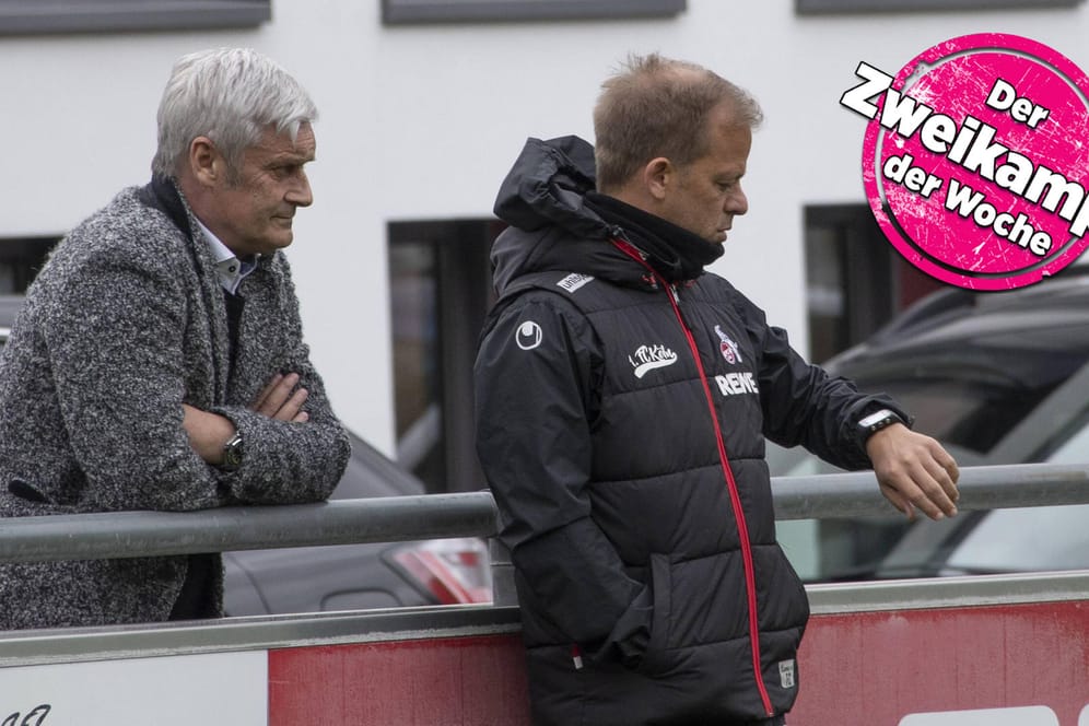Markus Anfang schaut auf die Uhr: Seine Zeit beim 1. FC Köln ist nach 300 Tagen abgelaufen. Geschäftsführer Armin Veh (l.) setzte Anfang vor die Tür.