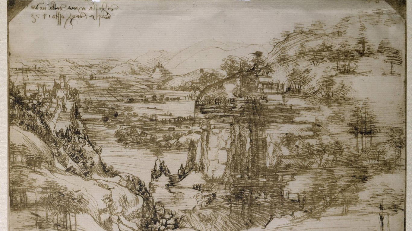 Die Zeichnung "8P": Die Landschaft des Flusses Arno soll Leonardo da Vincis ältestes, datiertes Werk sein. Heute wird sie vor allem im Louvre in Paris gezeigt.