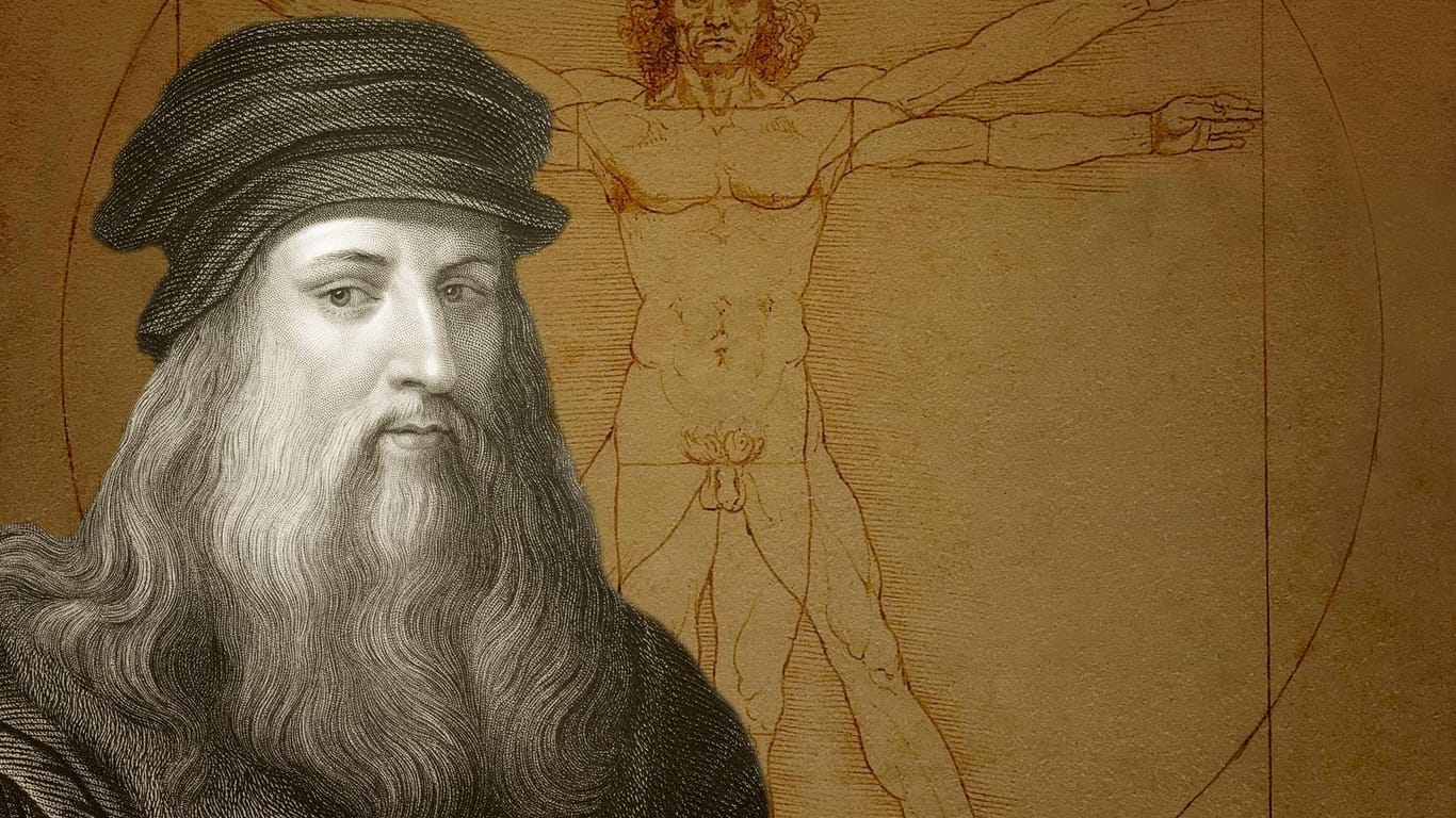 Zeichnung des Vitruvianischen Menschen, davor Porträt Leonardo da Vincis.