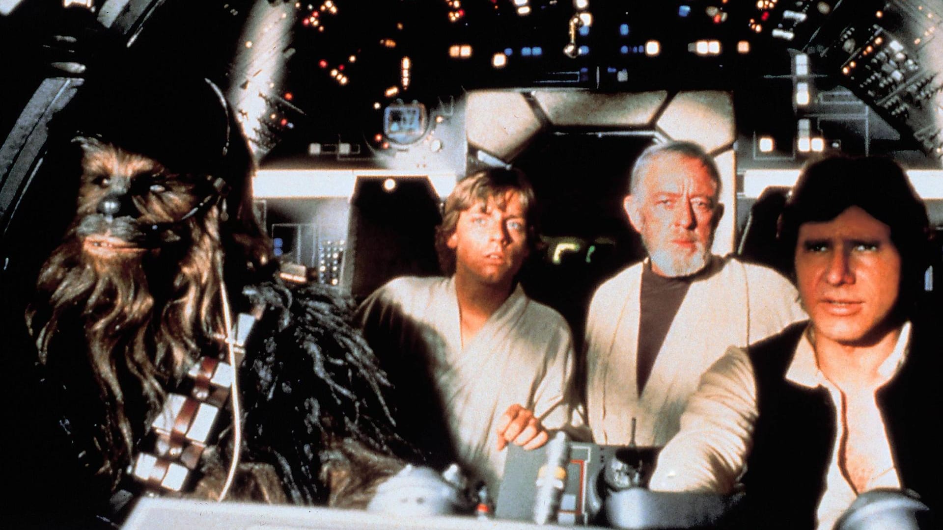 Peter Mayhew mit Mark Hamill, Alec Guinness und Harrison Ford: Auch im echten Leben waren Ford und Mayhew Freunde.