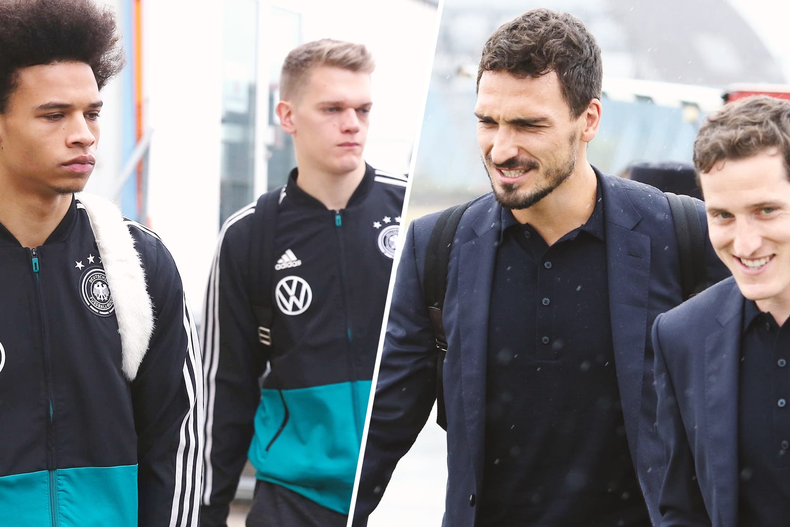 Das vorübergehend neue (l.) und das alte Outfit der Nationalspieler auf Reisen.