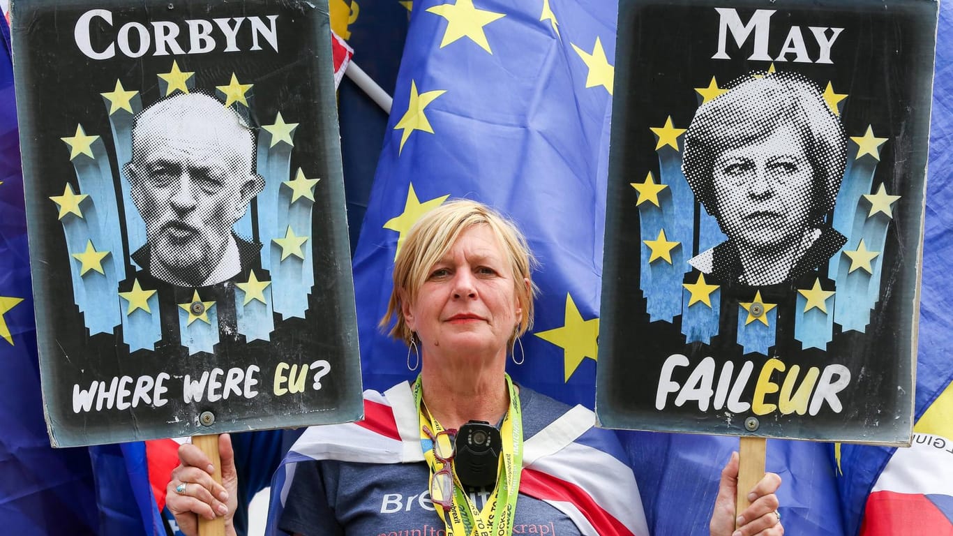 Eine Demonstrantin vor dem Parlament in London: Bei der Regionalwahl haben viele britische Wähler auch gegen den Brexit-Kurs der Regierung gestimmt.