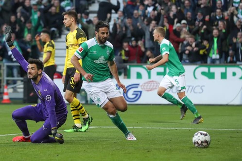Claudio Pizarro (M) schiebt zum 2:2 für Werder ein - BVB-Keeper Roman Bürki ist geschlagen.