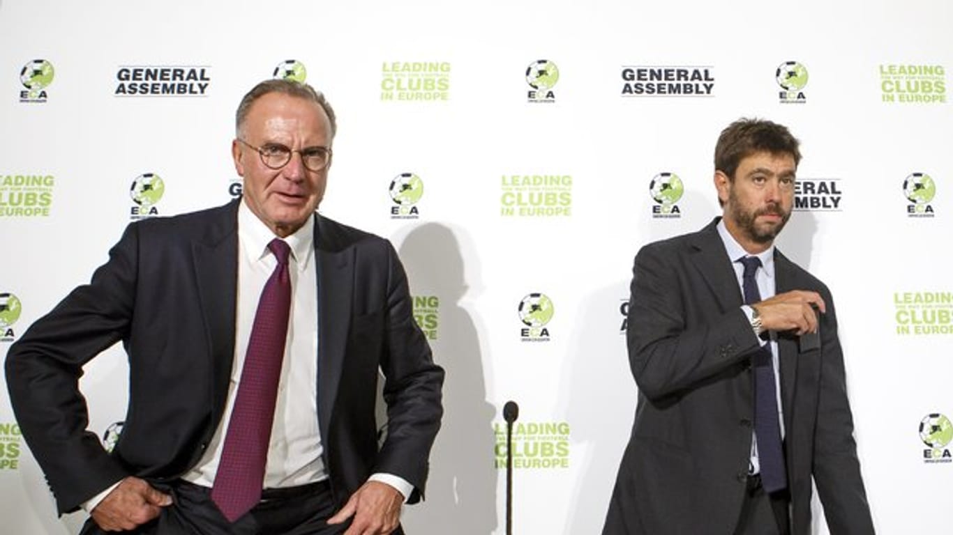 Der Vorsitzende der europäischen Clubvereinigung (ECA) Andrea Agnelli (r) und Vorgänger Karl-Heinz Rummenigge.
