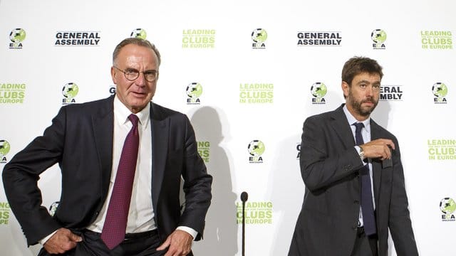 Der Vorsitzende der europäischen Clubvereinigung (ECA) Andrea Agnelli (r) und Vorgänger Karl-Heinz Rummenigge.