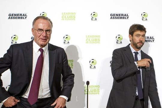 Der Vorsitzende der europäischen Clubvereinigung (ECA) Andrea Agnelli (r) und Vorgänger Karl-Heinz Rummenigge.