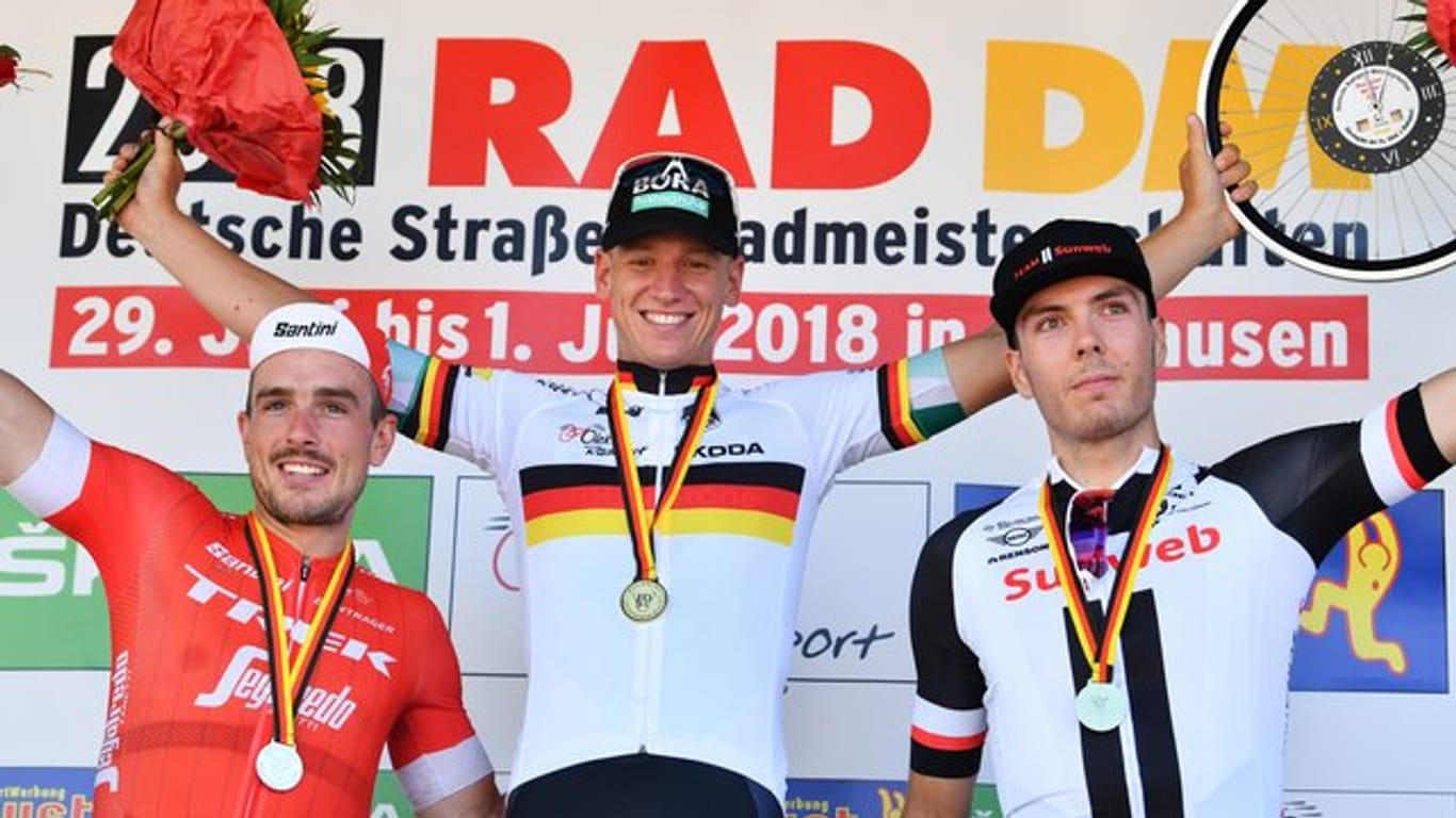 Pascal Ackermann (M) sicherte sich 2018 in Einhausen den deutschen Straßenmeistertitel.