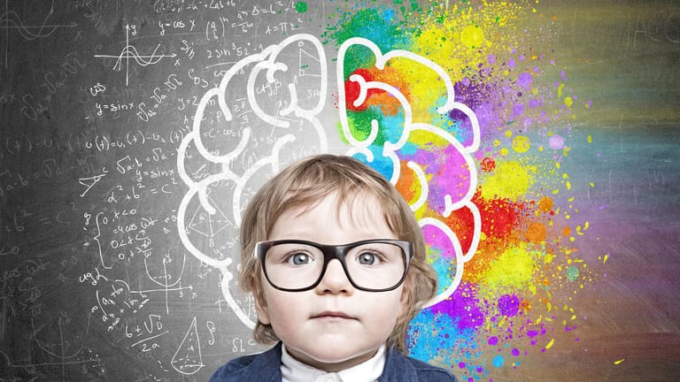 Ein kleines Kind steht vor einer Tafel auf der ein Gehirn und verschiedene Formeln gezeichnet sind.