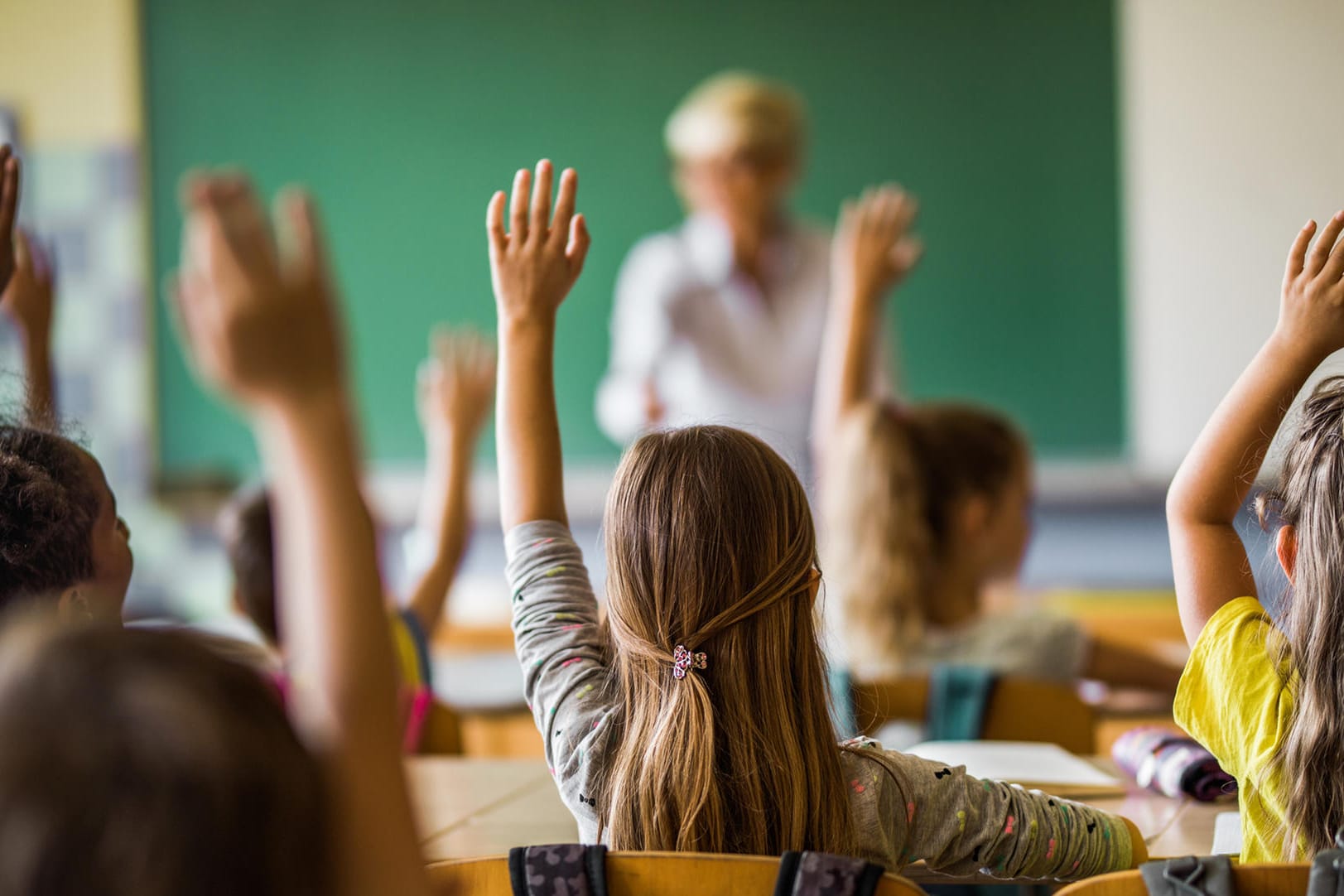 Lehrerin vor einer Grundschulklasse (Symbolbild): In Kalifornien soll eine erkrankte Lehrerin für ihre Vertretungskraft aufkommen.