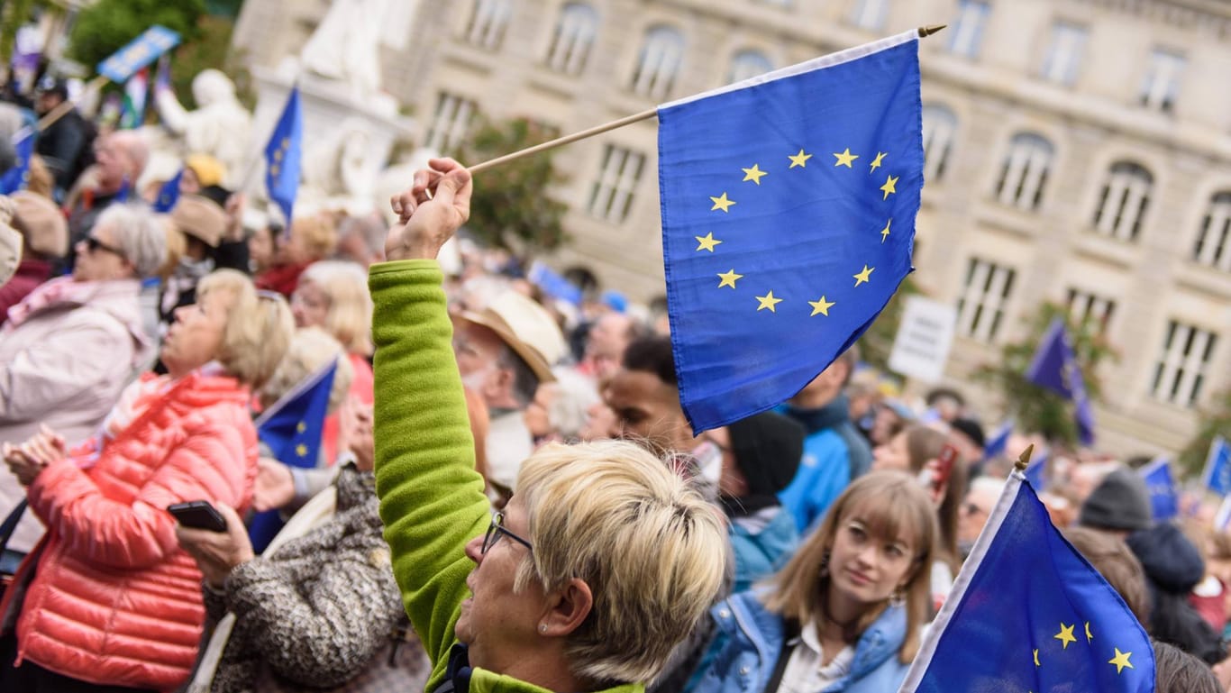 Pro-europäische Demonstranten in Berlin: Das Wahlprogramm der AfD übt grundsätzliche Kritik an der EU.
