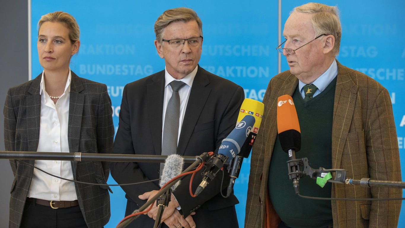 Der AfD-Kandidat als Bundestagsvizepräsident Gerold Otten (m.) mit den Fraktionschefs Alice Weidel und Alexander Gauland: Die anderen jagen?
