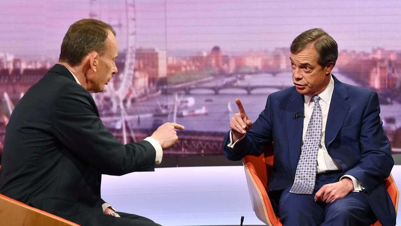 Nigel Farage bei der BBC in der "Andrew Marr Show": Bei Fragen zu seiner politischen Vergangenheit reagiert er allergisch.