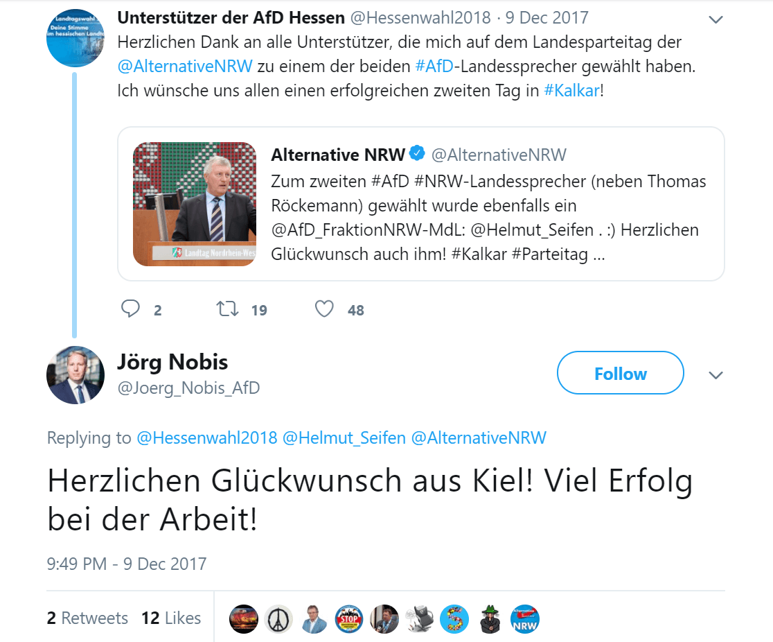 Die "Hessenwahl2018" bedankt sich für die Wahl zum Sprecher der AfD Nordrhein-Westfalen: Der Account von Helmut Seifen wurde umbenannt – ohne sein Wissen, wie er sagt. In der Antwort mit Glückwünschen ist noch der alte Name zu lesen. Dieser Tweet ist ein besonders prägnantes Beispiel, wie mit Accounts jongliert wird.