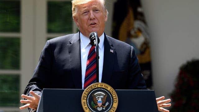 Donald Trump spricht im Rosengarten des Weißen Hauses.