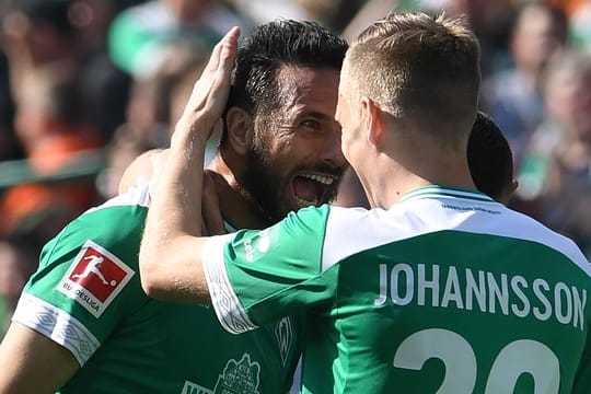 Oldie but Goldie: Aron Johannsson(r) feiert Werder-Legende Claudio Pizarro.