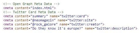 Screenshot des Website-Codes: In der Kodierung der Seite tauchen die Twitter-Accounts @NeoMagazin und @Rock_Galore auf.
