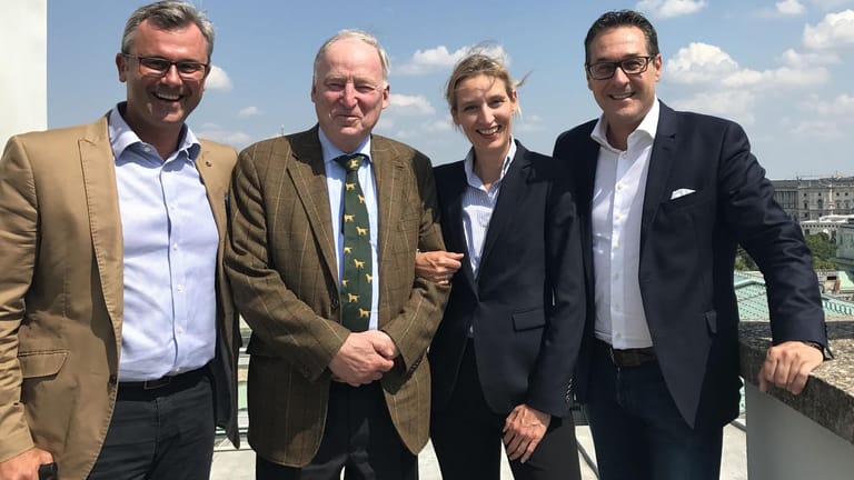 Politiker von FPÖ und AfD: Norbert Hofer, Alexander Gauland, Alice Weidel, Heinz-Christian Strache.