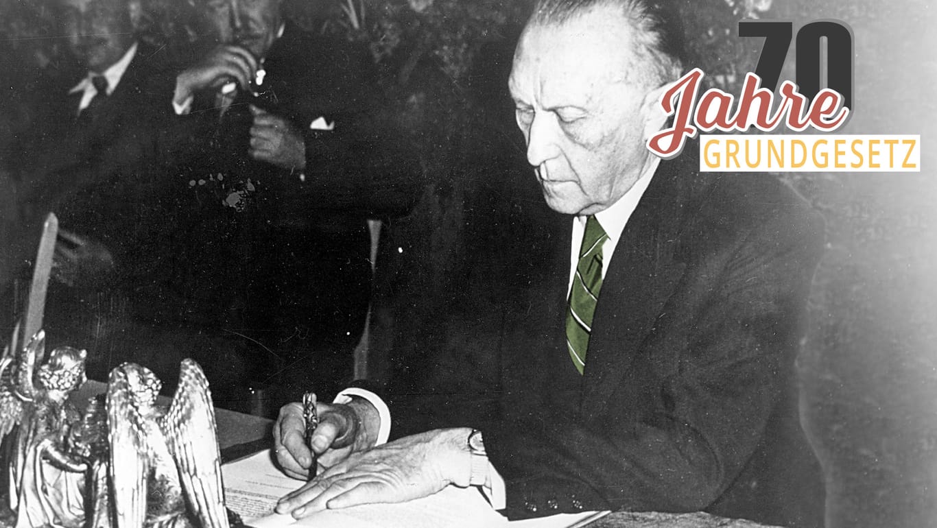 Konrad Adenauer: Der Präsident des Parlamentarischen Rates unterzeichnet das Grundgesetz. Am 23. Mai 1949 wurde es verkündet – die Geburtsstunde der Bundesrepublik Deutschland.