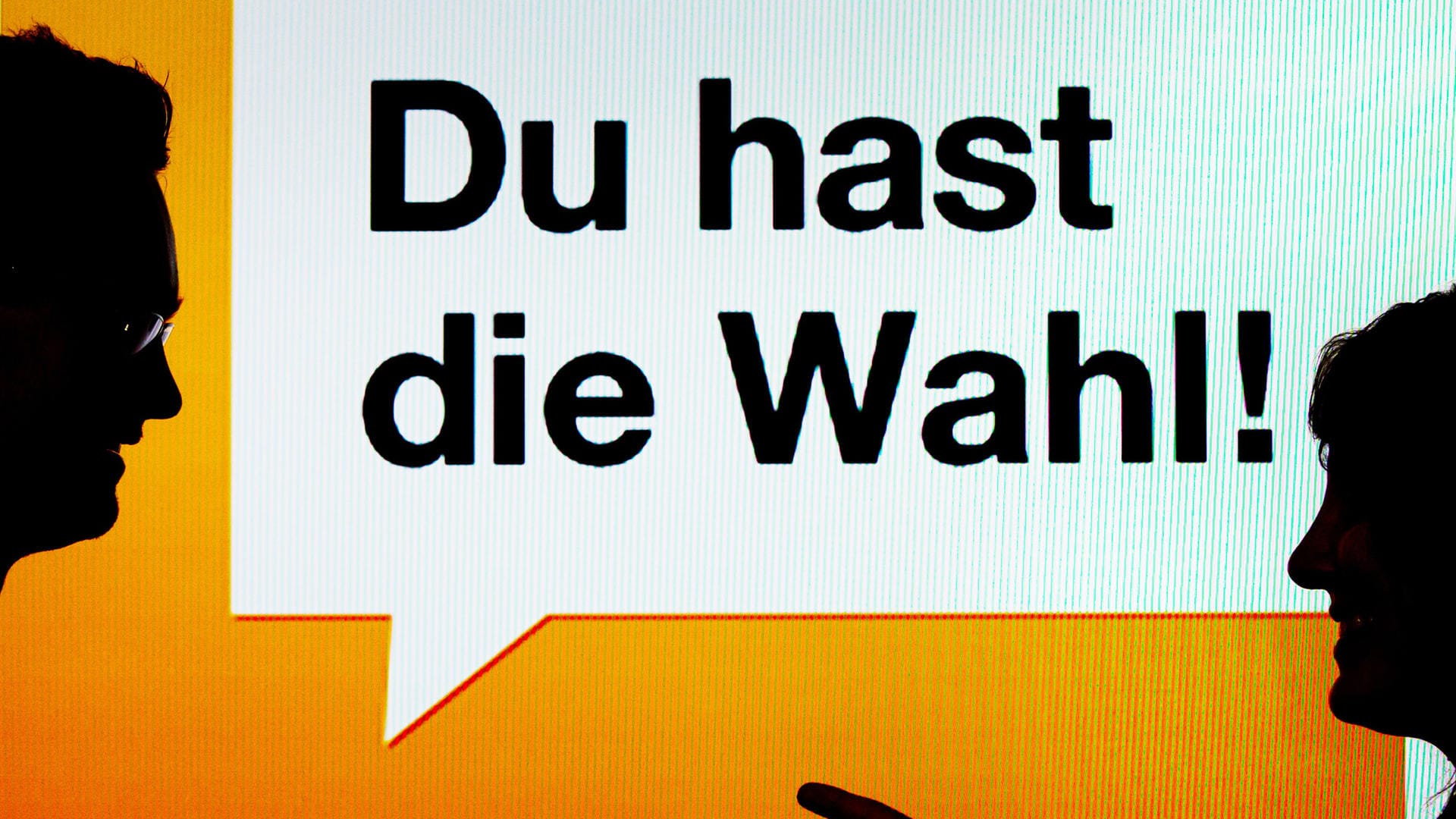 Zwei junge Leute stehen vor einen Bildschirm mit der Aufschrift "Du hast die Wahl!": Nach einem Gerichtsurteil musste der Wahl-O-Mat vom Netz genommen werden.