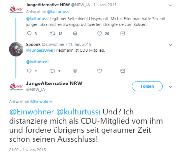 "Ich als CDU-Mitglied": Die Junge Alternative NRW nutzte einen Account, der vorher als JUngesJUwel einem vermeintlichen Mitglied der Jungen Union gehörte.