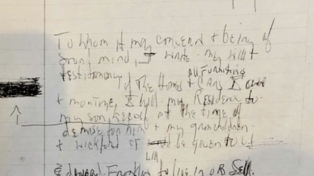 Schwer lesbar: eines der drei handschriftlichen Testamente von Aretha Franklin. Schwer lesbar: eines der drei handschriftlichen Testamente von Aretha Franklin.