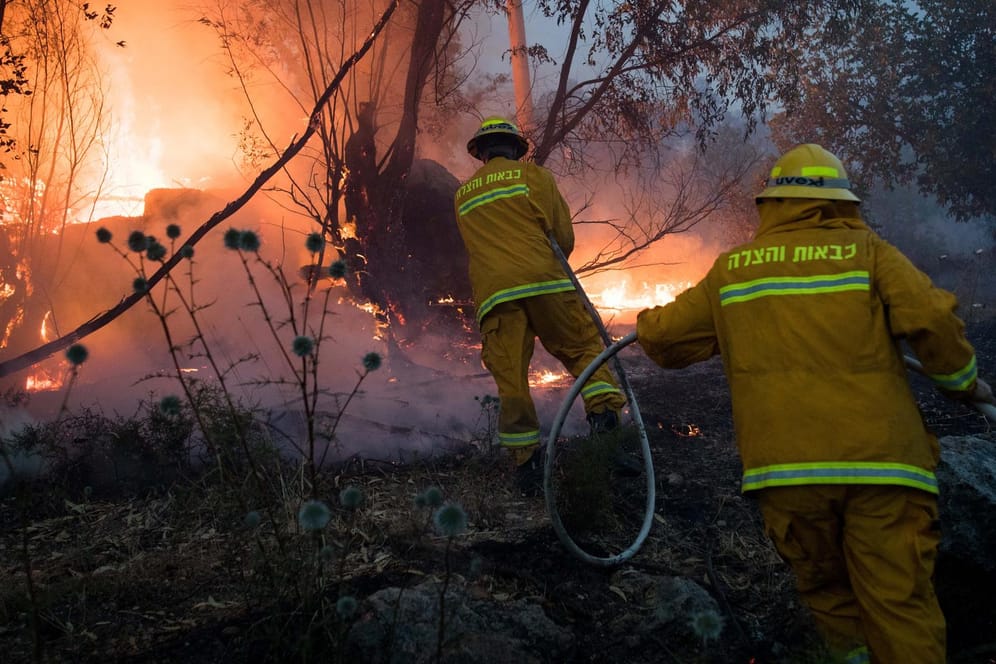 Israel: Feuerwehrleute löschen einen Waldbrand bei Kibbuz Harel.