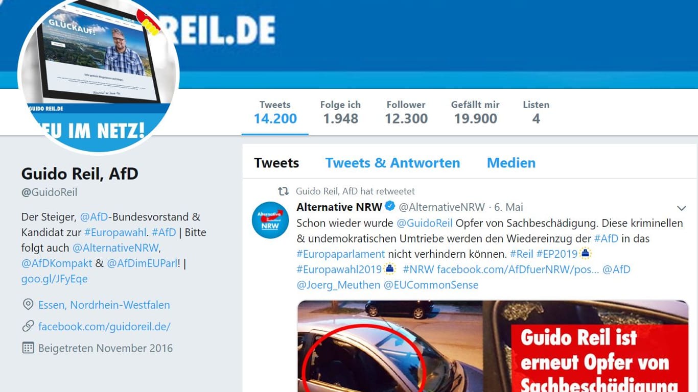 Gesperrt: Twitter hat am Freitag vorübergehend das Konto von Guido Reil dicht gemacht, hier ein Screenshot der Seite vom 10. Mai.