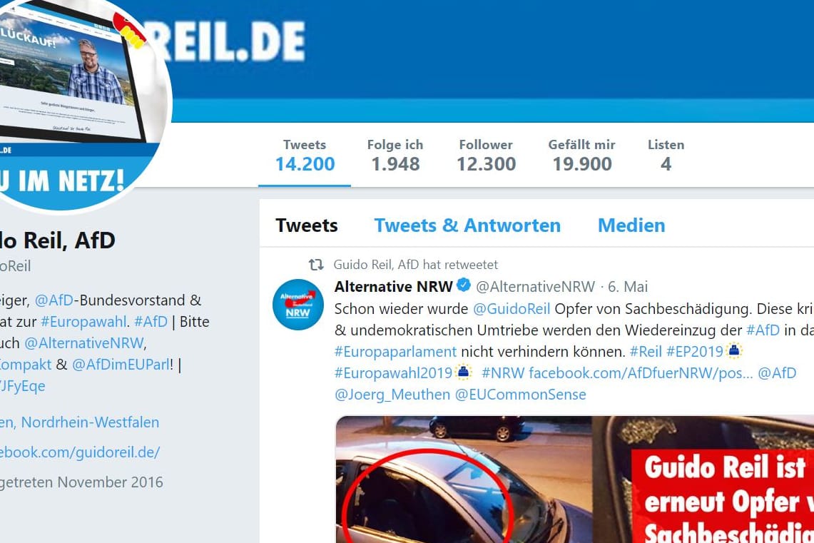 Gesperrt: Twitter hat am Freitag vorübergehend das Konto von Guido Reil dicht gemacht, hier ein Screenshot der Seite vom 10. Mai.