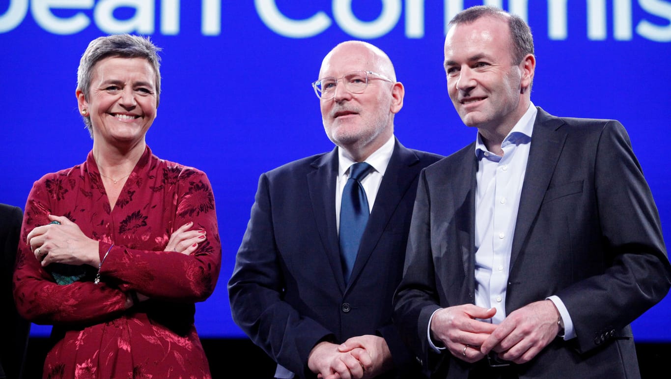Die Liberale-Spitzenkandidatin Margrethe Vestager, der Sozialdemokrat Frans Timmermans und EVP-Spitzenkandidat Manfred Weber: Alle drei machen sich Hoffnungen auf die Nachfolge von EU-Kommissionspräsident Juncker.