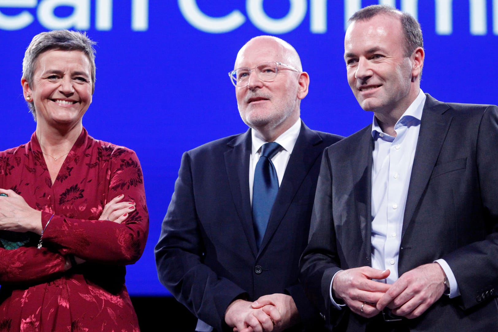 Die Liberale-Spitzenkandidatin Margrethe Vestager, der Sozialdemokrat Frans Timmermans und EVP-Spitzenkandidat Manfred Weber: Alle drei machen sich Hoffnungen auf die Nachfolge von EU-Kommissionspräsident Juncker.