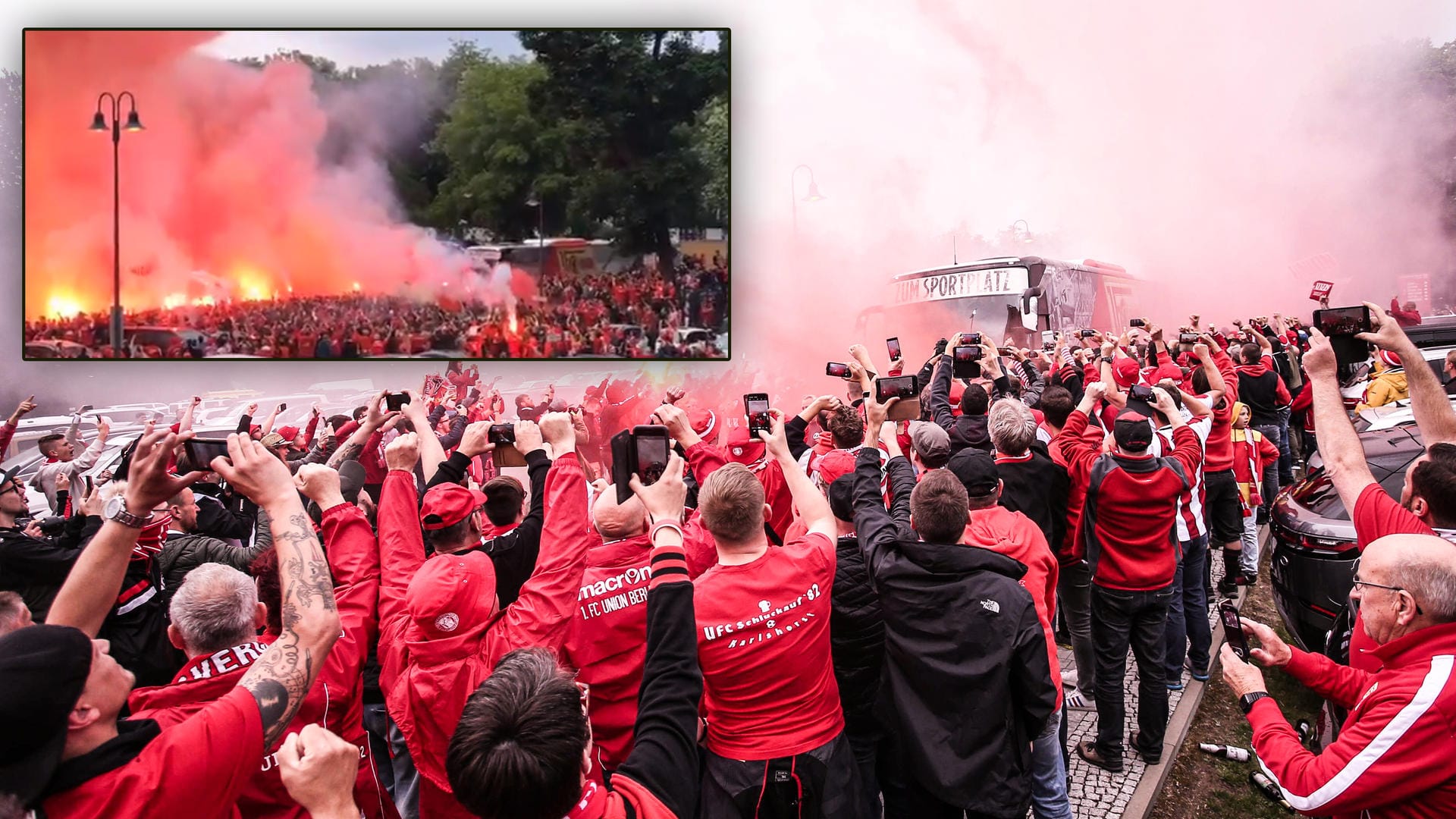 Feuriger Empfang: Union-Fans begrüßen die Mannschaft am Stadion.