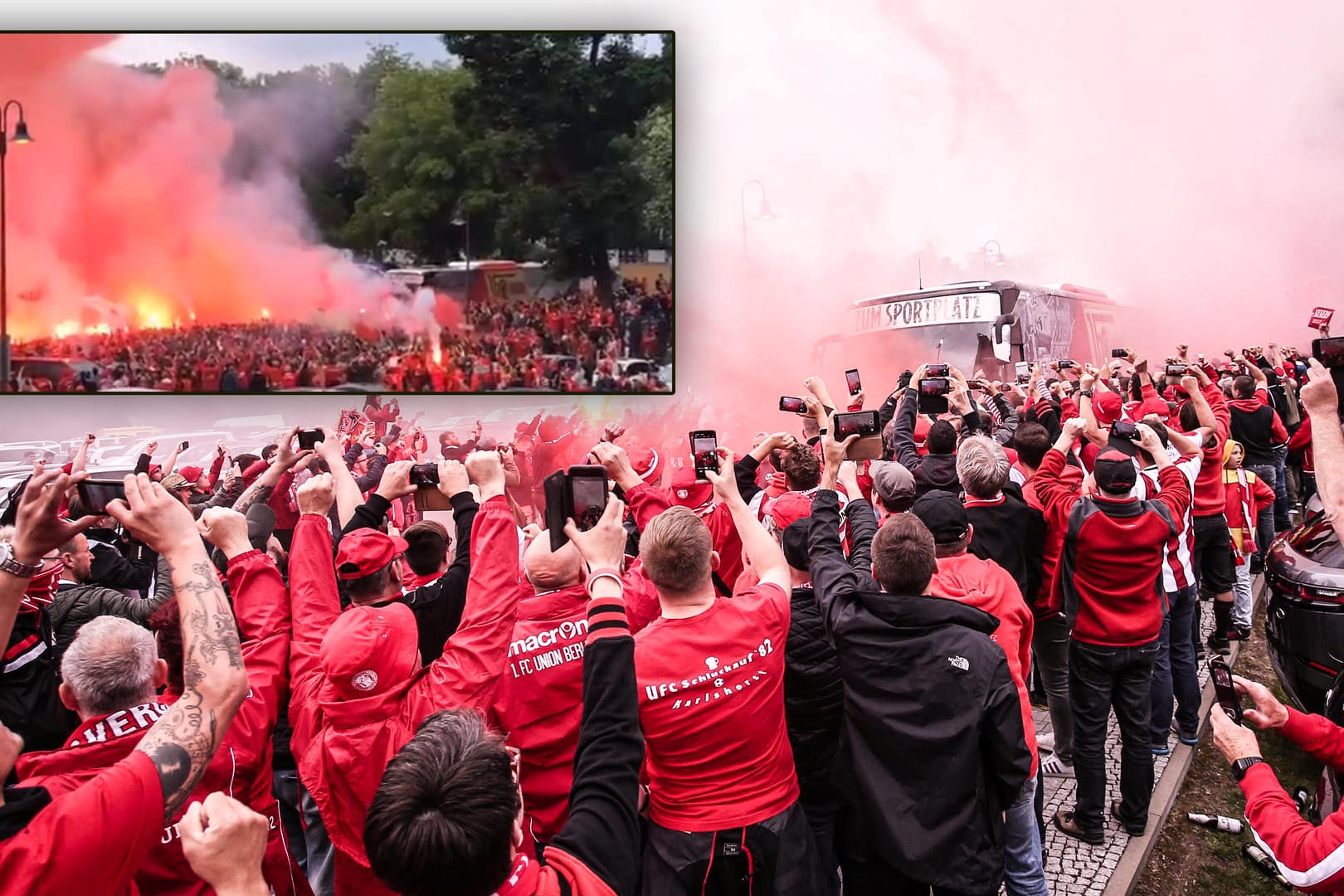 Feuriger Empfang: Union-Fans begrüßen die Mannschaft am Stadion.