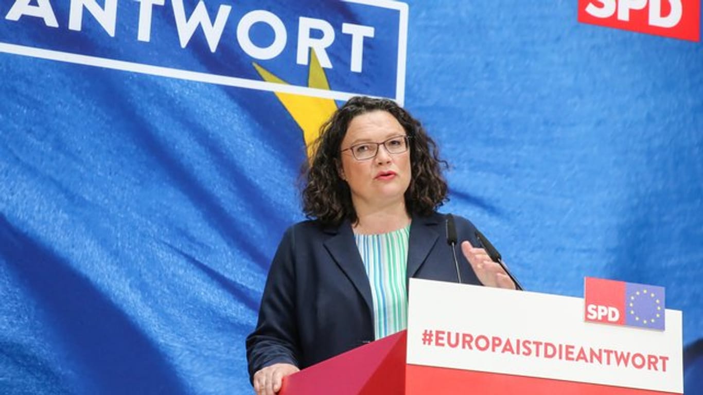 Andrea Nahles bei einer Pressekonferenz zu den Ergebnissen der Europawahl.
