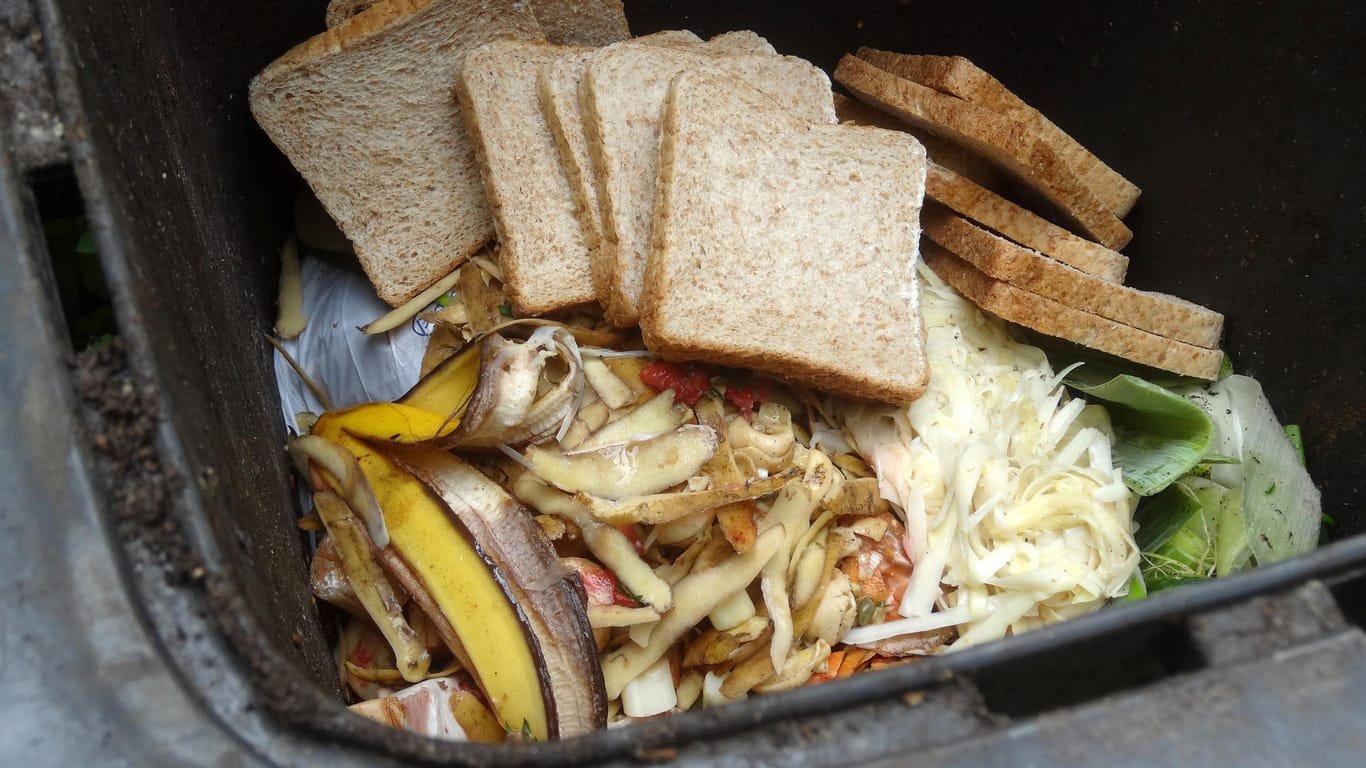 Brot und Gemüsereste im Abfallcontainer: Gut gelagerte Lebensmittel halten länger – und landen damit nicht so schnell im Müll.