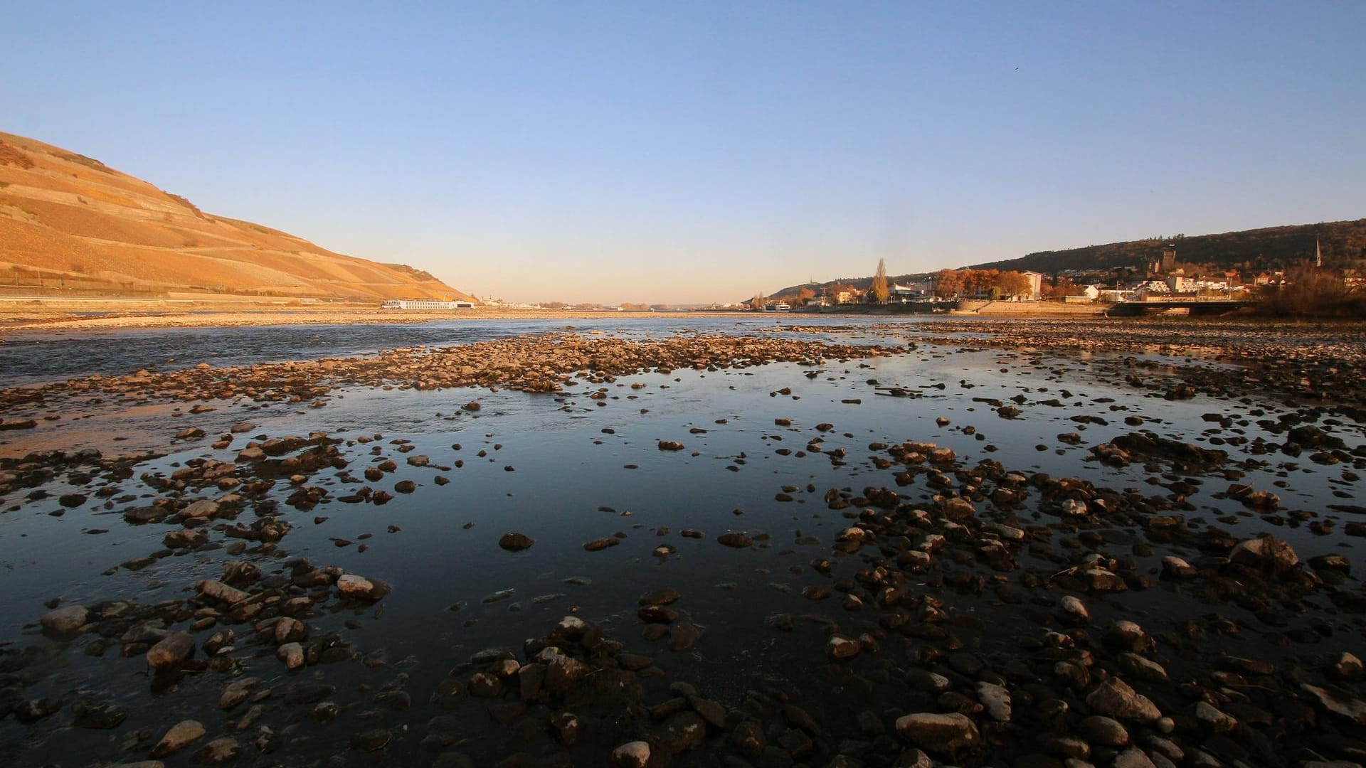 Niedrigwasser im Rhein und nahe bei Bingen, Rheinland-Pfalz: Im Sommer 2018 lag der Rhein eine Weile fast ganz trocken. Die Einschränkung der Schifffahrt kostete die deutsche Wirtschaft Milliarden.