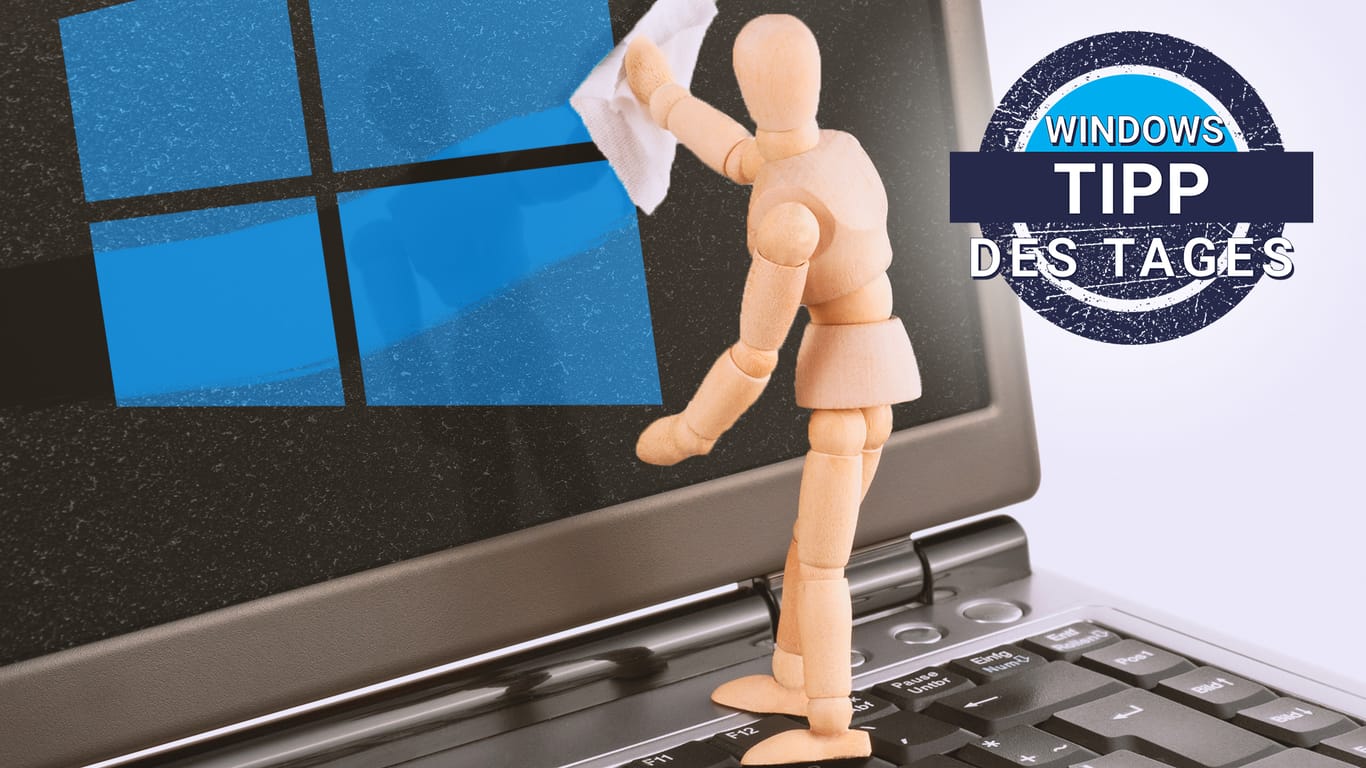 Eine Puppe säubert den Bildschirm eines Windows-Rechners: Mithilfe der Speicheroptimierung löscht Windows automatisch Daten.