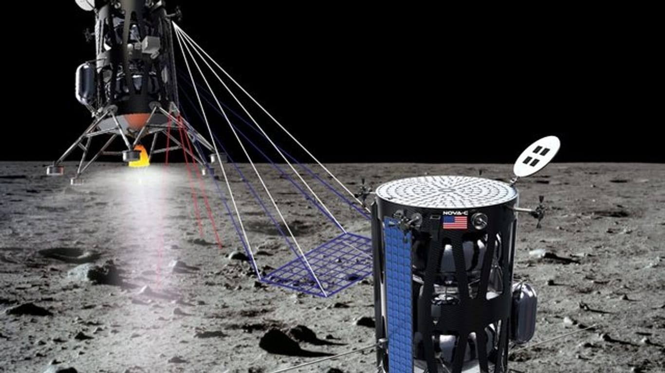 Das von der US-Raumfahrtbehörde Nasa veröffentlichte computergenerierte Bild zeigt einen unbemannten Lander des privaten Unternehmens Intuitive Machines aus Houston auf der Mondoberfläche.