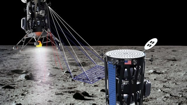 Das von der US-Raumfahrtbehörde Nasa veröffentlichte computergenerierte Bild zeigt einen unbemannten Lander des privaten Unternehmens Intuitive Machines aus Houston auf der Mondoberfläche. Das von der US-Raumfahrtbehörde Nasa veröffentlichte computergenerierte Bild zeigt einen unbemannten Lander des privaten Unternehmens Intuitive Machines aus Houston auf der Mondoberfläche.